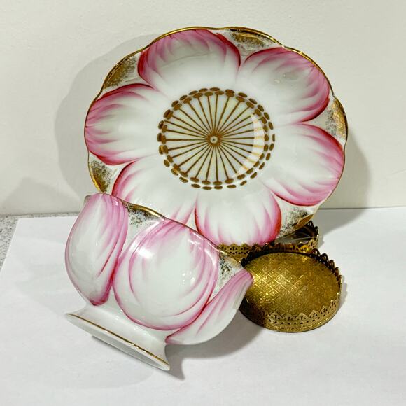 EW Princess Japan bowl & saucer set white pink gold lotus flower porcelain - Picture 6 of 9